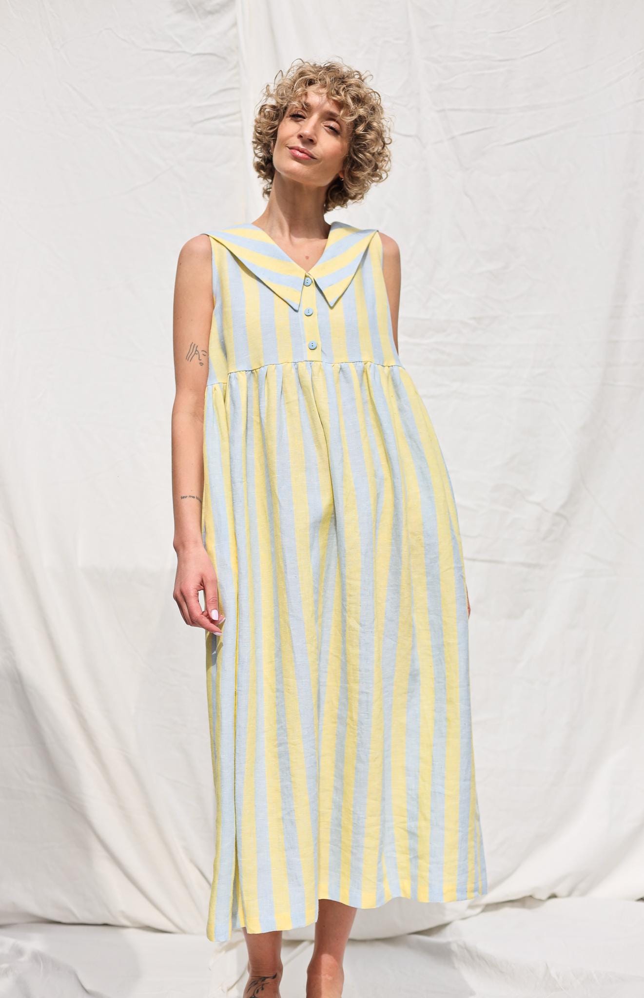 Sailor Collar Sleeveless Linen Dress BETTY / OFFON Clothing