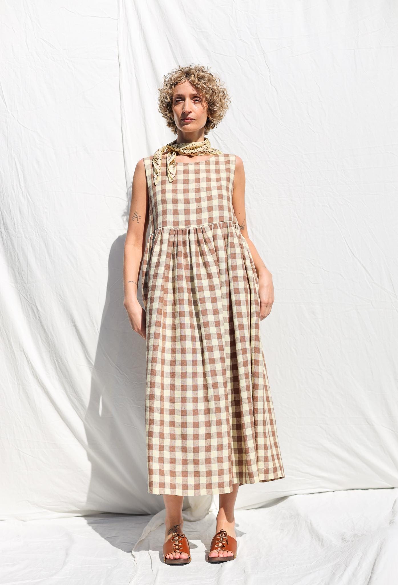 Sleveless linen smock dress in checks • OFFON CLOTHING