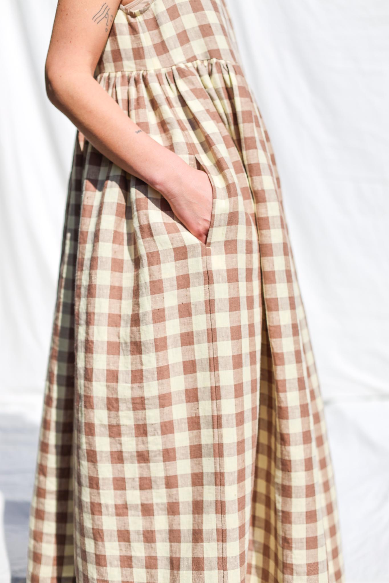 Sleveless linen smock dress in checks • OFFON CLOTHING