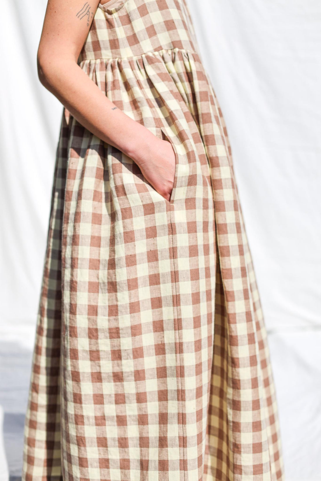 Sleveless linen smock dress in checks • OFFON CLOTHING