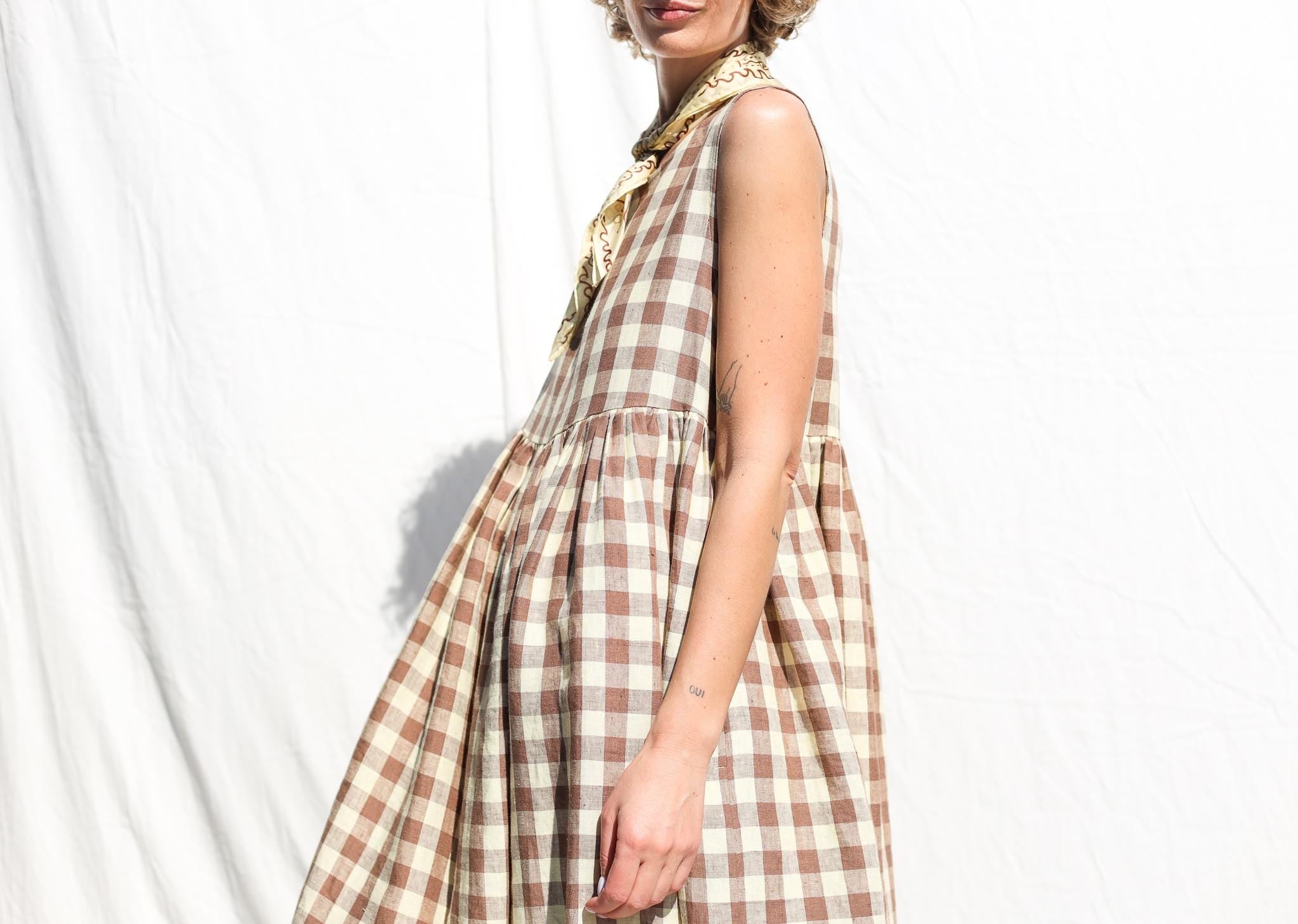 Sleveless linen smock dress in checks • OFFON CLOTHING