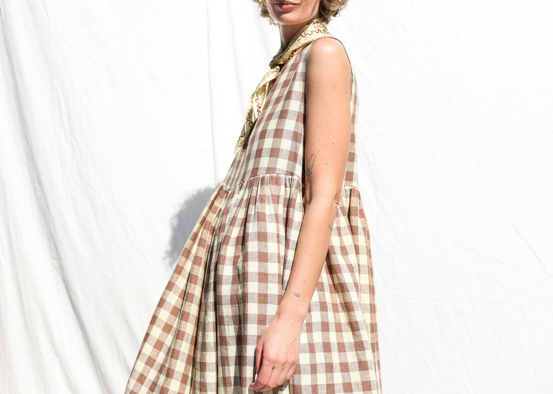 Sleveless linen smock dress in checks • OFFON CLOTHING